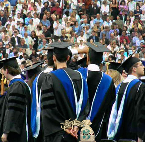 Picture of Graduate with hands tied behind his back by a sack of money.