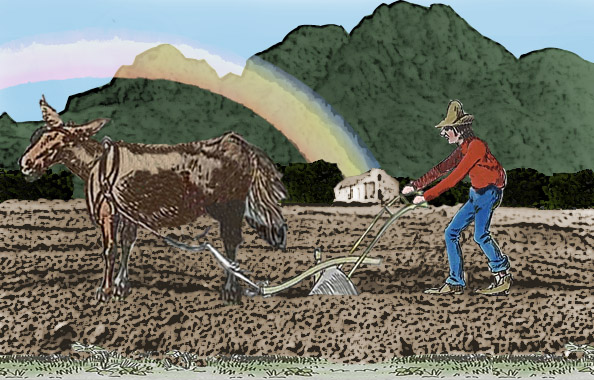 Graphic of farmer plowing.